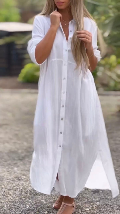 Vestido camisero informal de lino con botones de color sólido para mujer